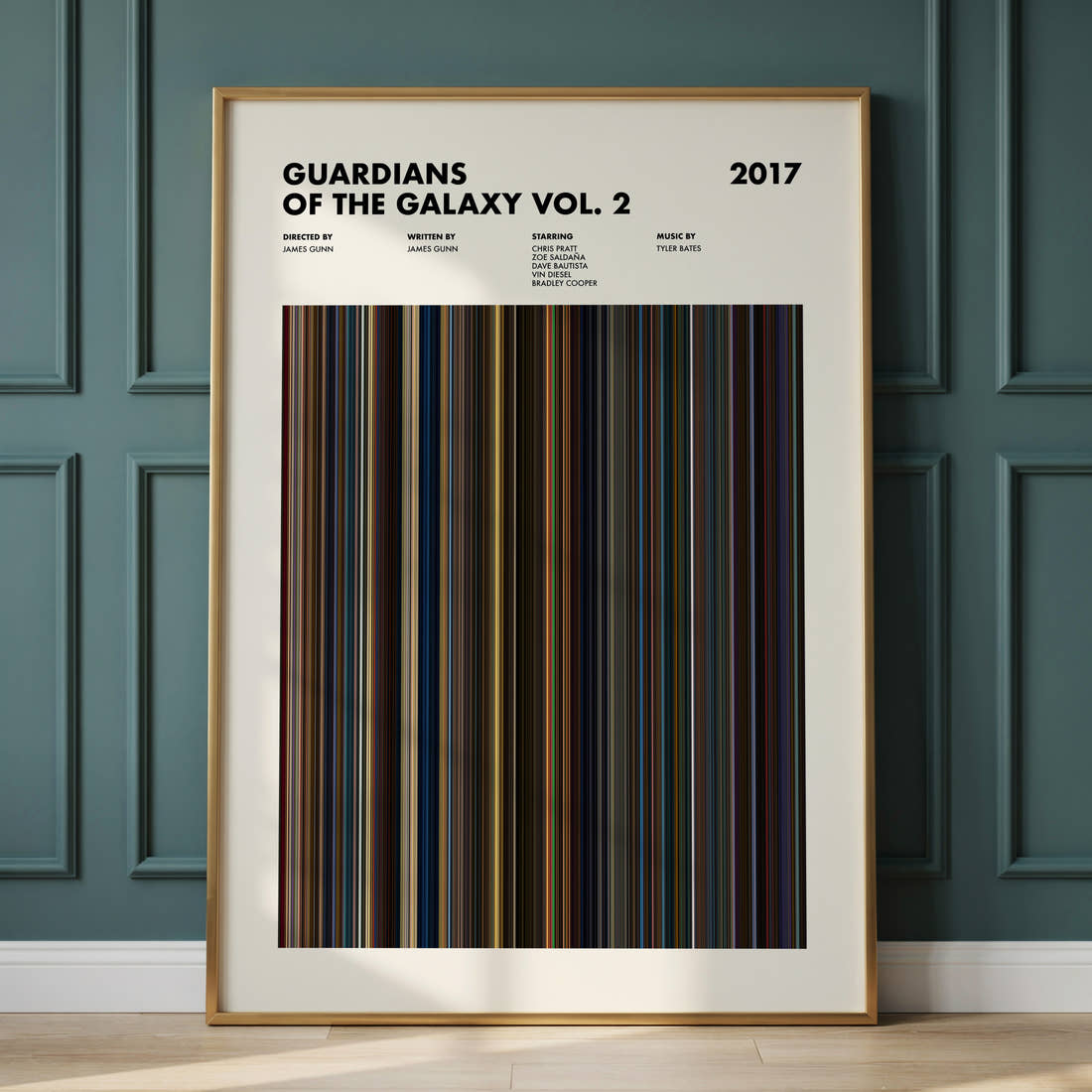 Guardians of the Galaxy Vol. 2 Movie Barcode Poster framed and leaning against a panelled wall