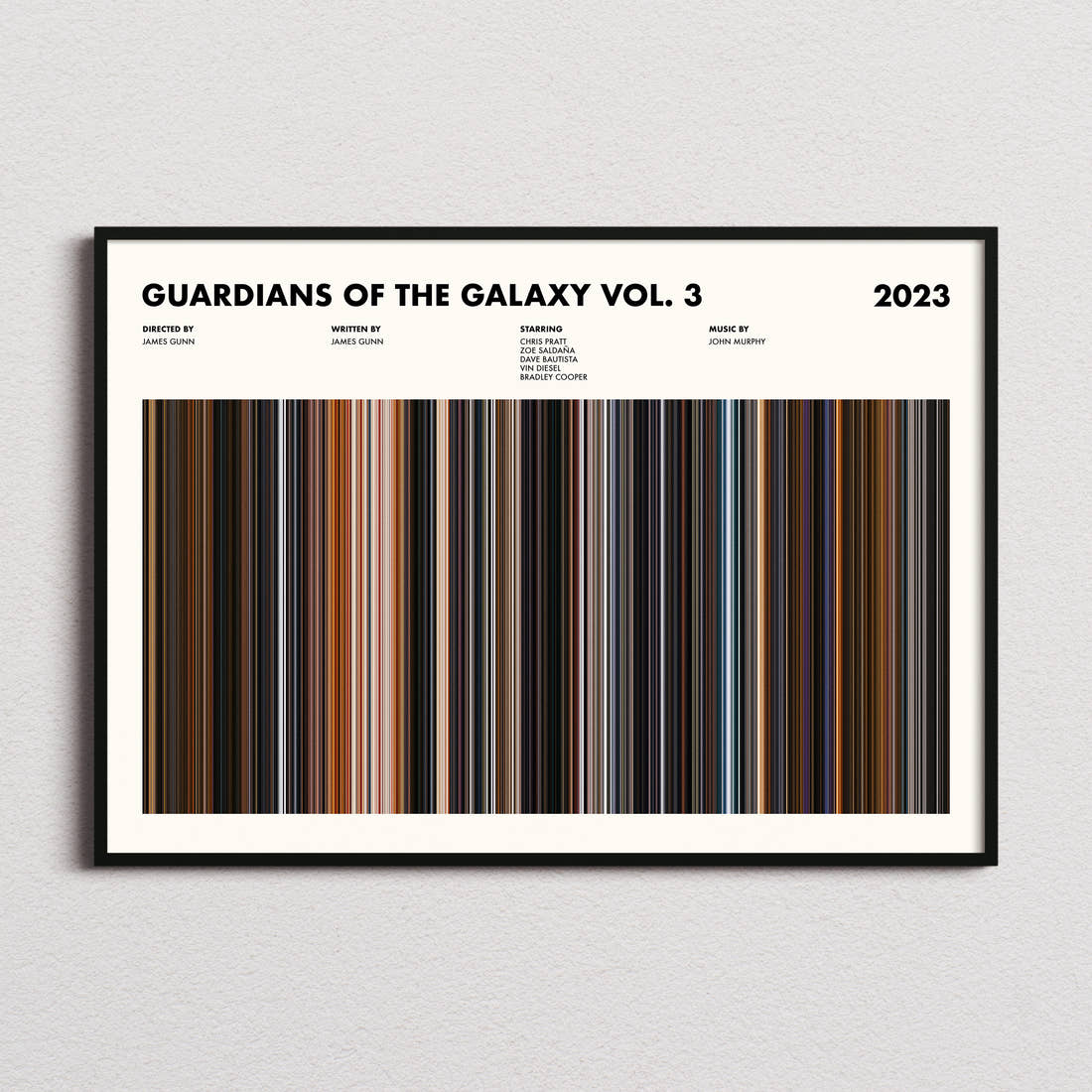 Guardians of the Galaxy Vol. 3 Movie Barcode Poster framed and photographed straight on
