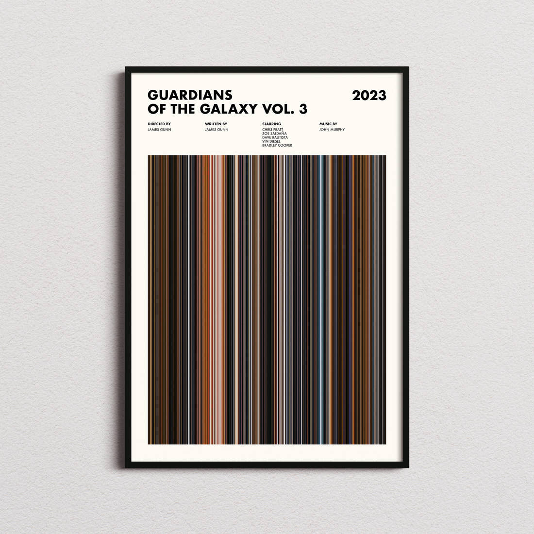 Guardians of the Galaxy Vol. 3 Movie Barcode Poster framed on a plain studio wall