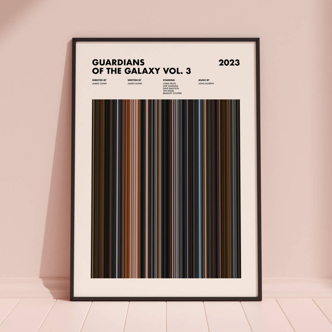 Guardians of the Galaxy Vol. 3 Movie Barcode Poster framed and leaning against a coloured wall