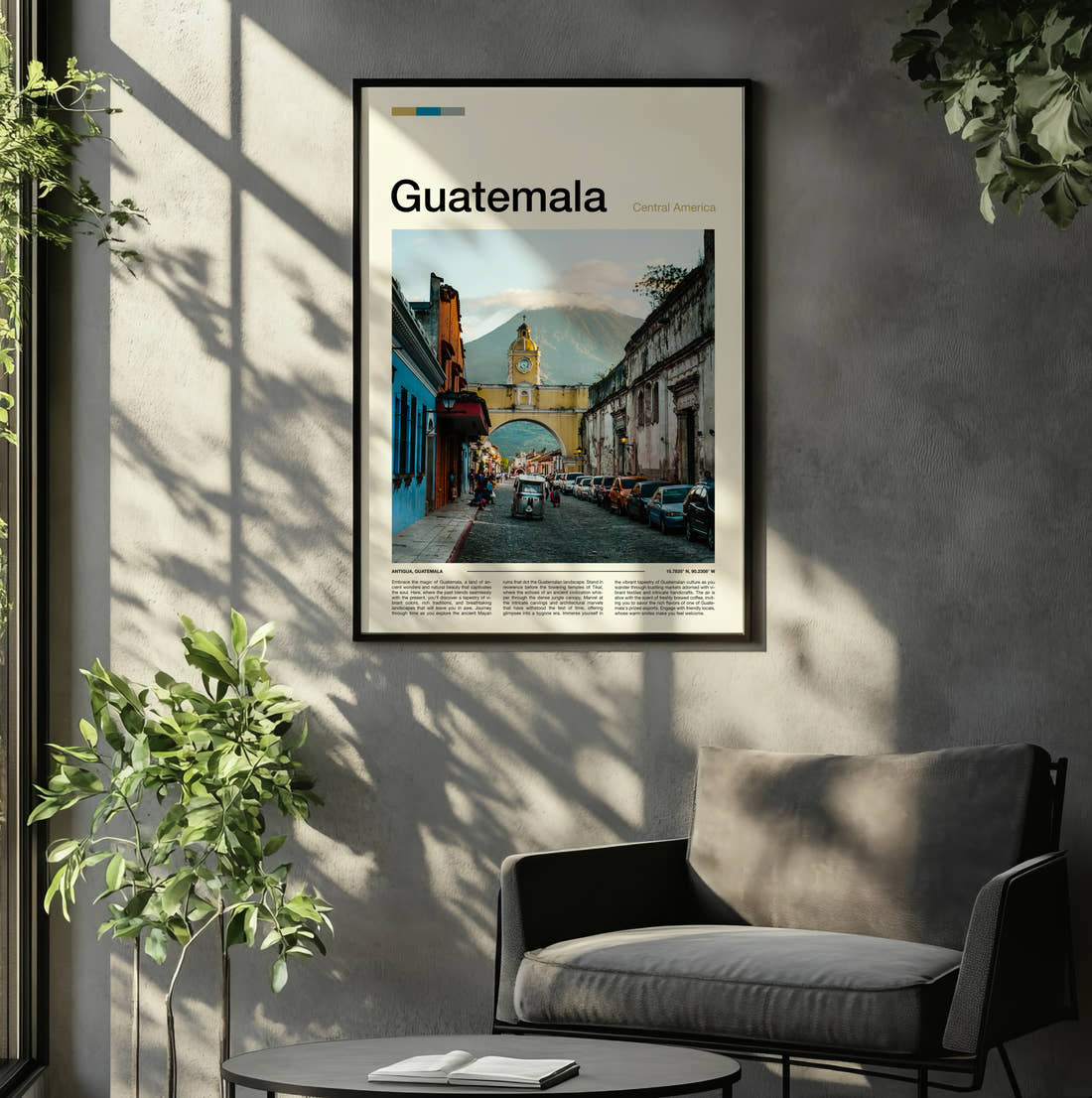 Guatemala Santa Catalina Arch Travel Print framed on the wall of a relaxed living room