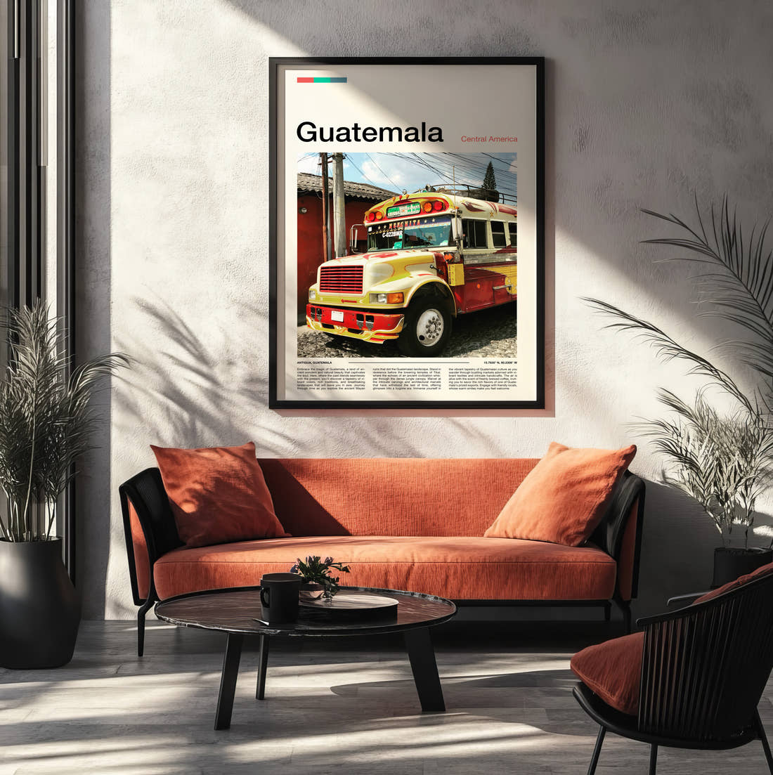 Guatemala Colourful Chicken Bus Travel Print framed on the wall of a modern living room