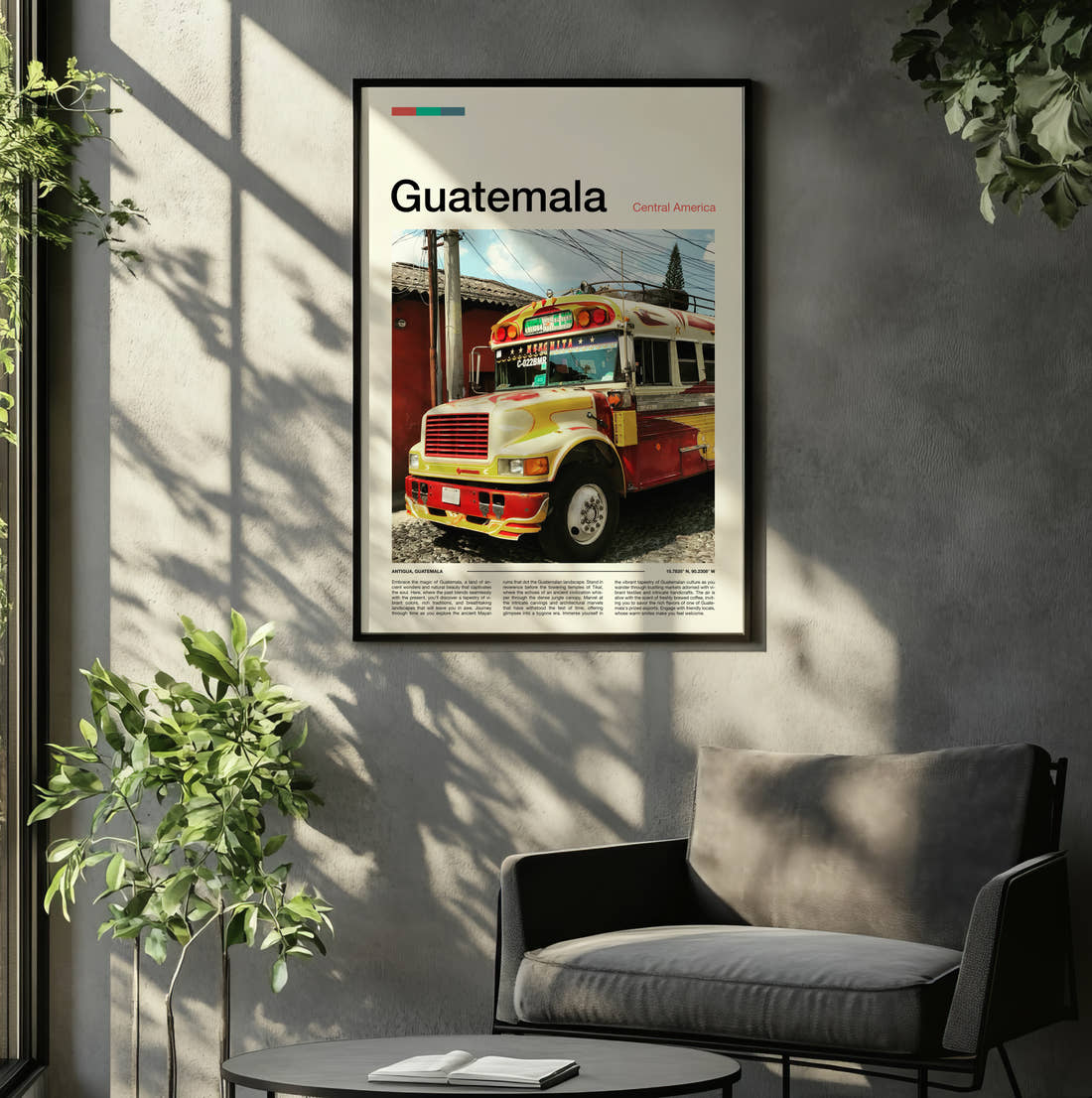 Guatemala Colourful Chicken Bus Travel Print framed on the wall of a relaxed living room
