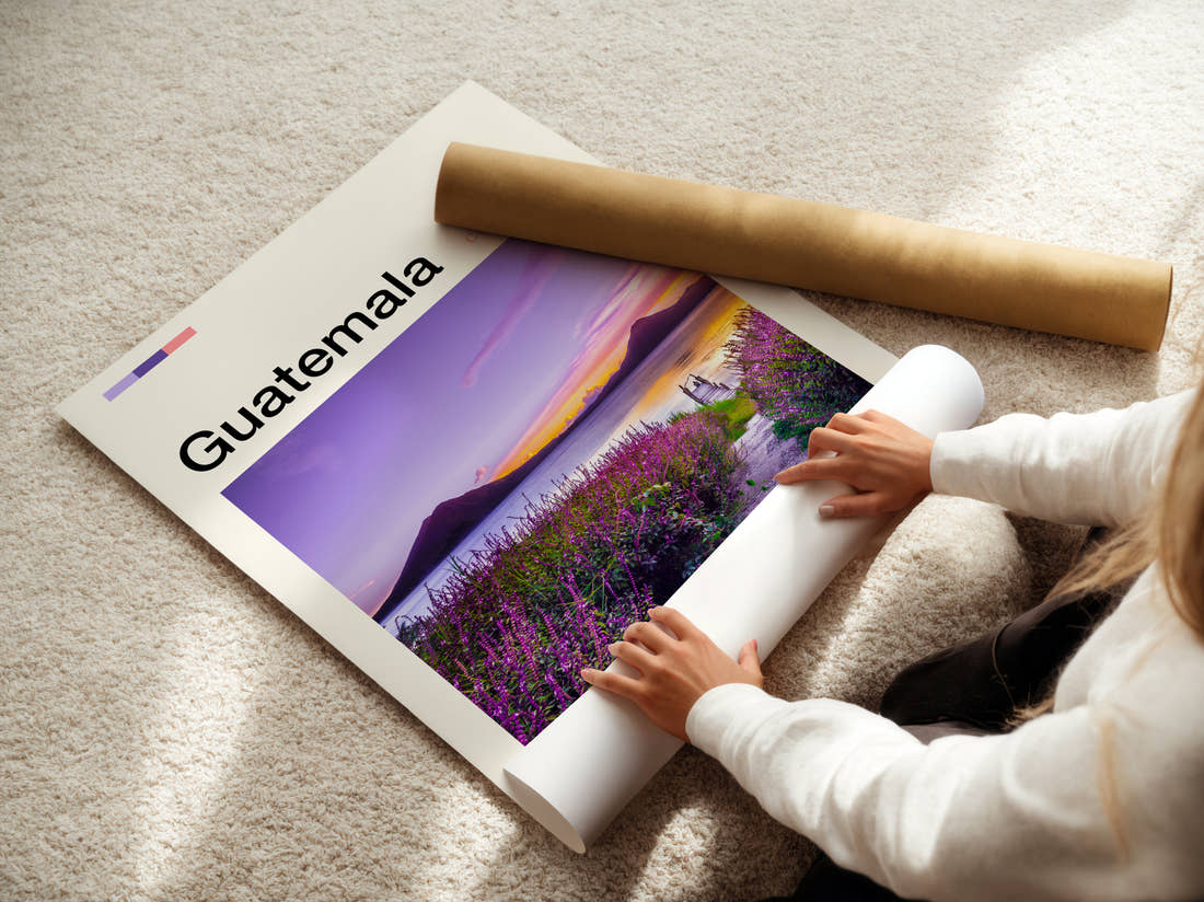 Guatemala Volcanoes Across The Lake Travel Print being unrolled from its postal tube
