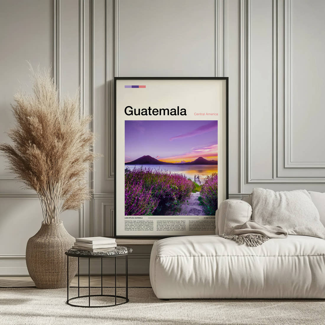 Guatemala Volcanoes Across The Lake Travel Print framed on the wall of a calm, neutral bedroom