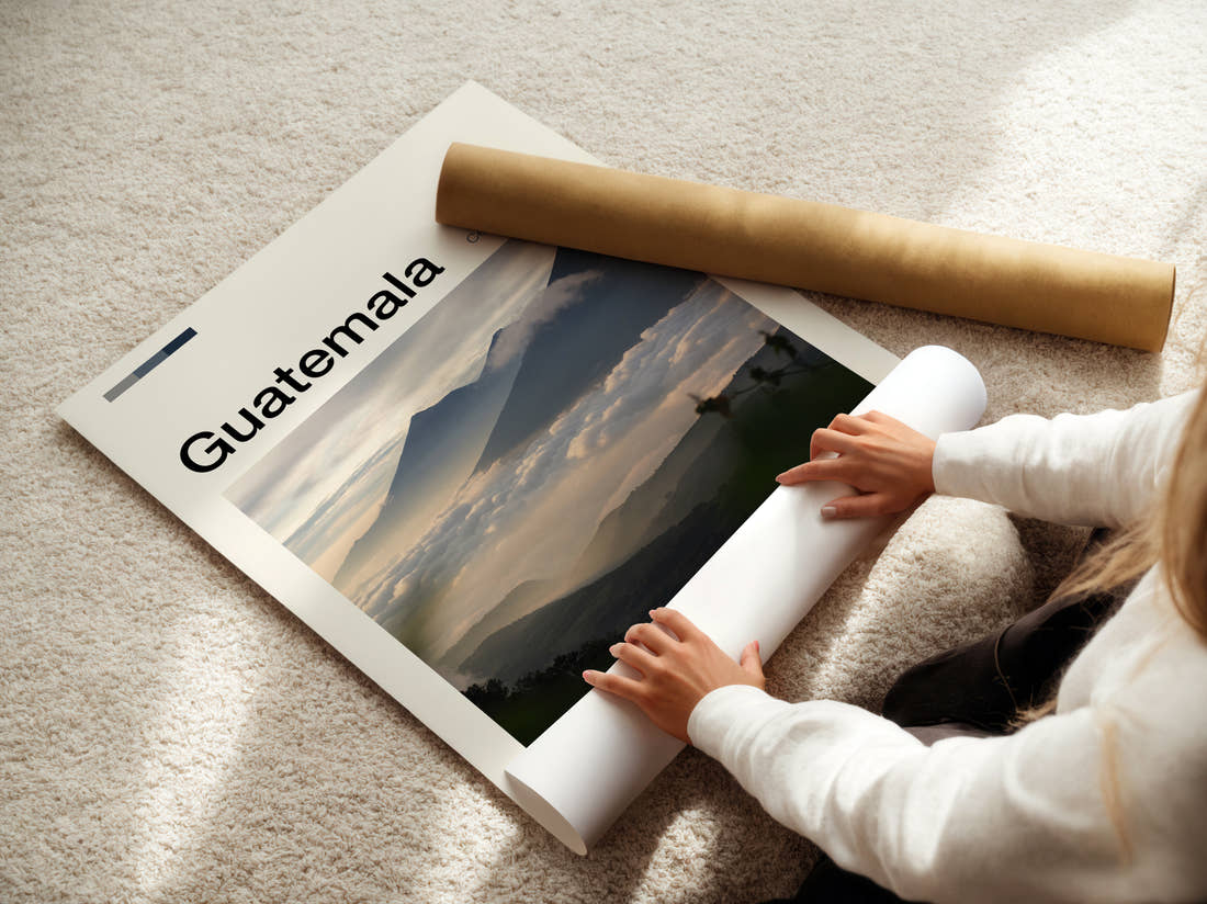 Guatemala Volcanoes Above The Clouds Travel Print being unrolled from its postal tube