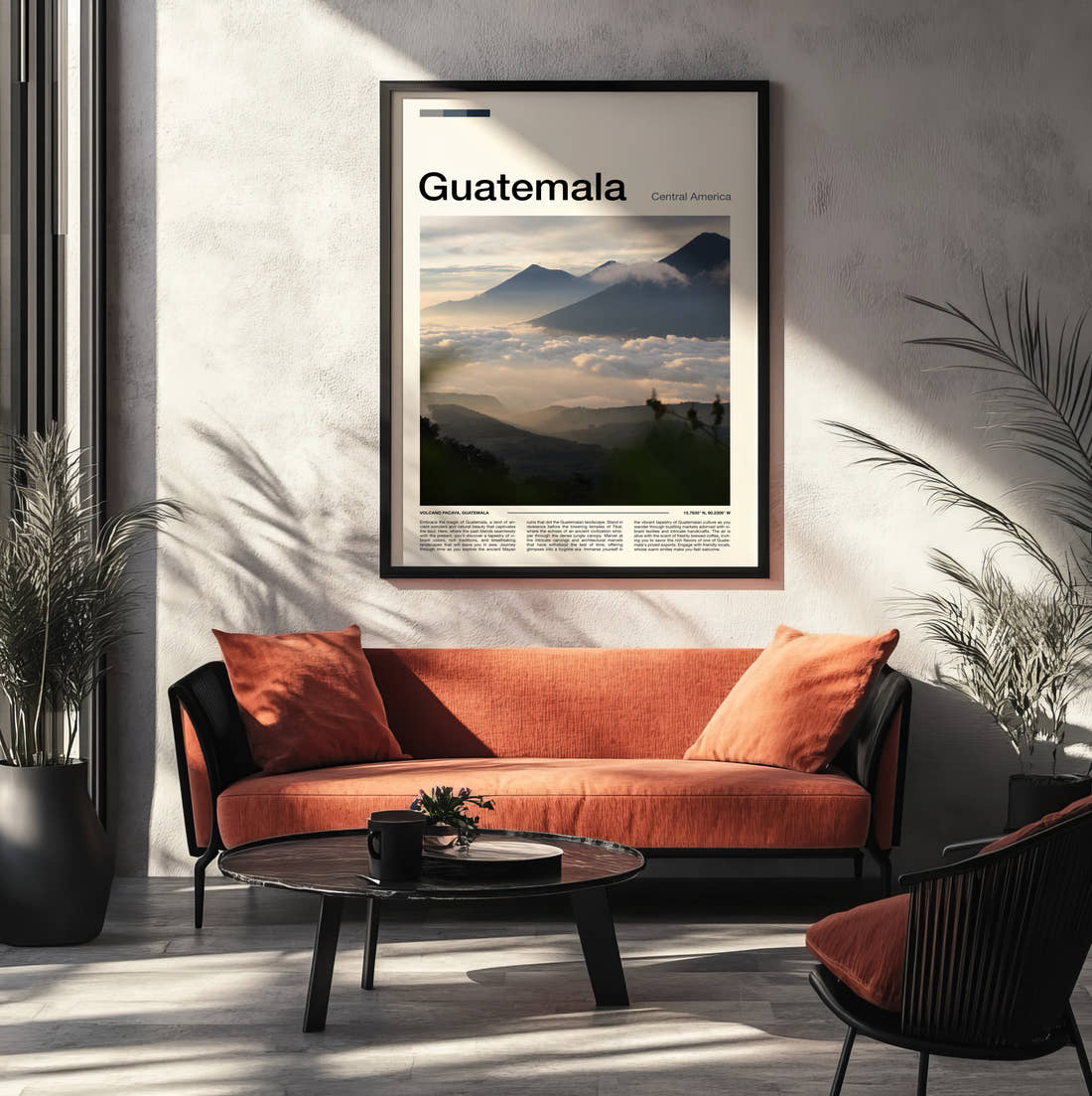 Guatemala Volcanoes Above The Clouds Travel Print framed on the wall of a modern living room