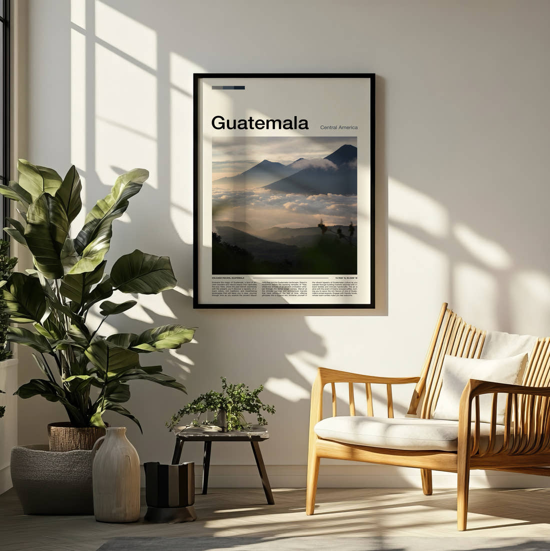 Guatemala Volcanoes Above The Clouds Travel Print framed on a pale wall beside houseplants