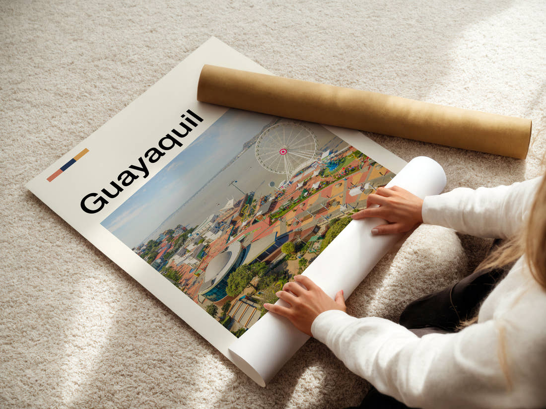 Guayaquil Ferris Wheel On The Waterfront Travel Print being unrolled from its postal tube