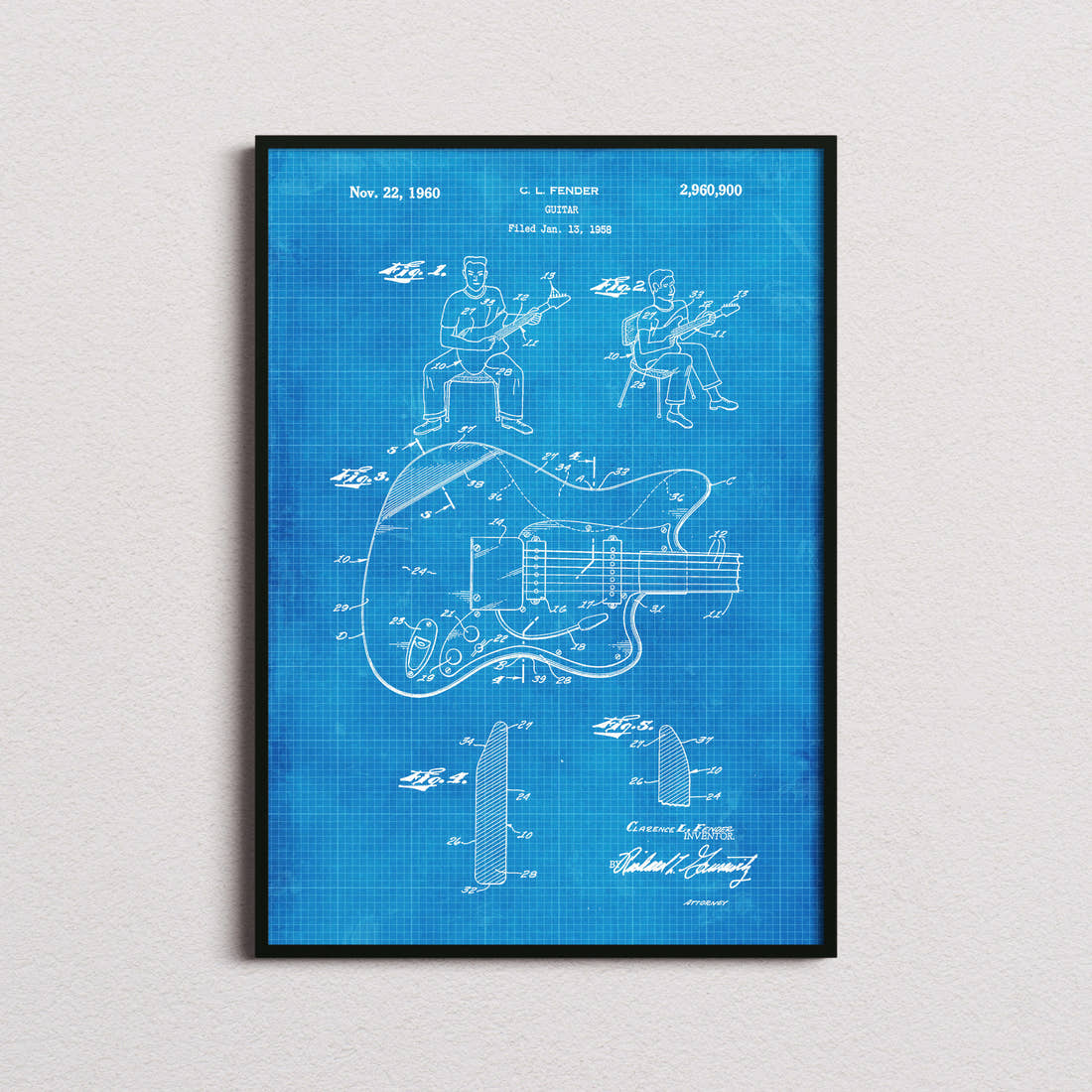 Guitar Fender Patent Print in the blueprint colourway, framed