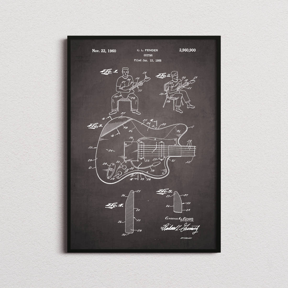 Guitar Fender Patent Print in the blackboard colourway, framed