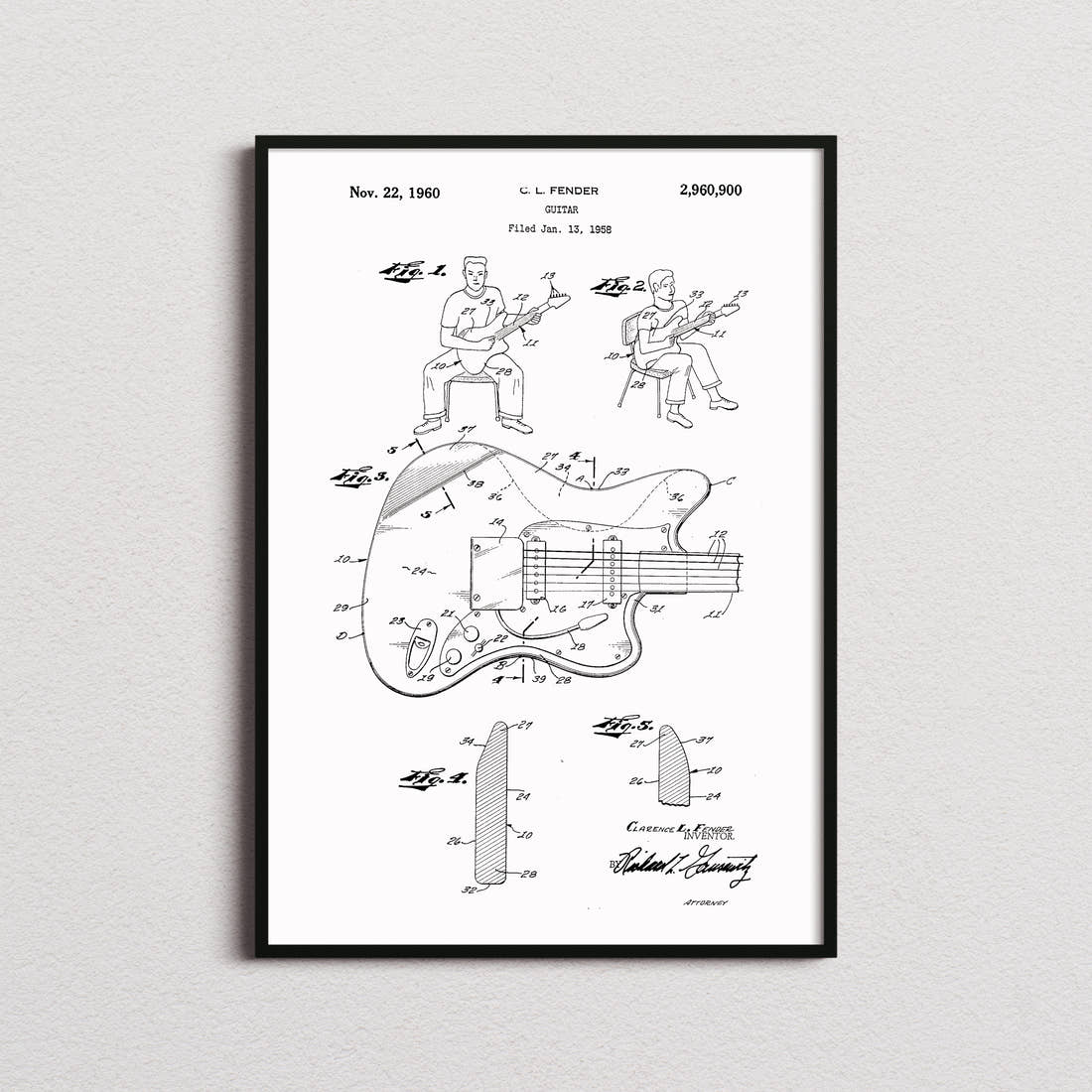 Guitar Fender Patent Print in the white colourway, framed