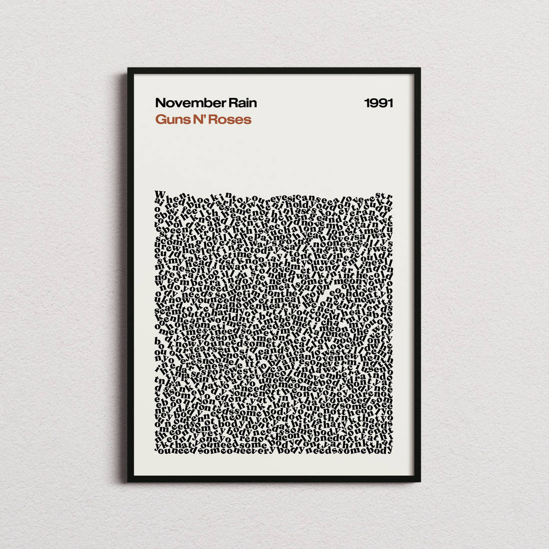 Guns N' Roses November Rain Lyric Print in the cream colourway, framed