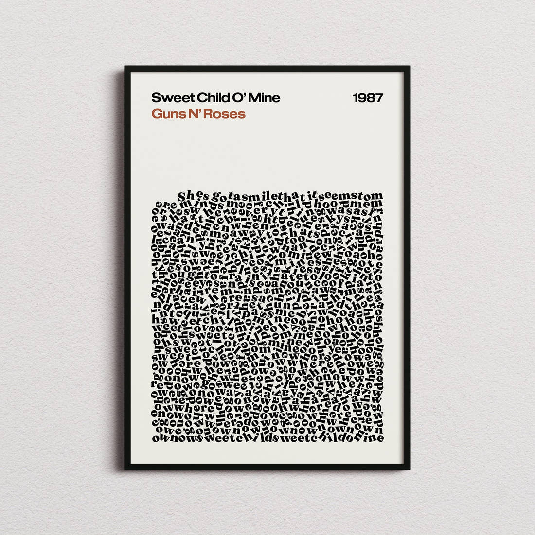 Guns N' Roses Sweet Child O' Mine Lyric Print in the cream colourway, framed