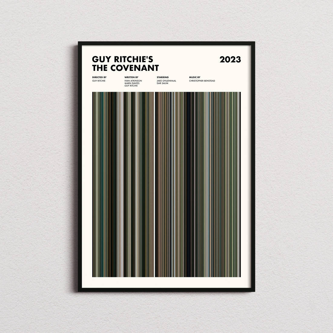 Guy Ritchie's The Covenant Movie Barcode Poster framed on a plain studio wall