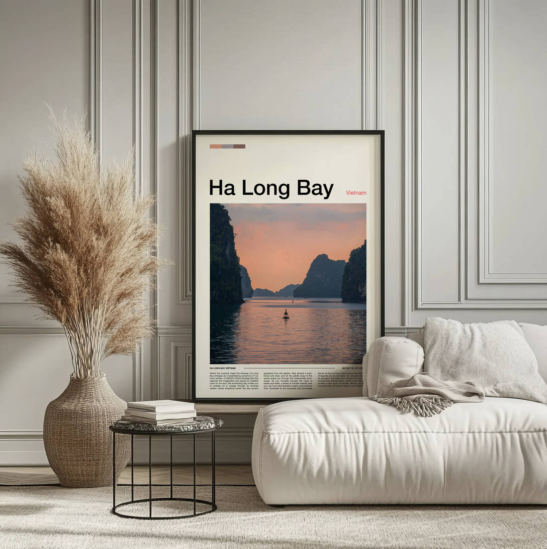 Ha Long Bay Limestone Karsts Travel Print framed on the wall of a calm, neutral bedroom