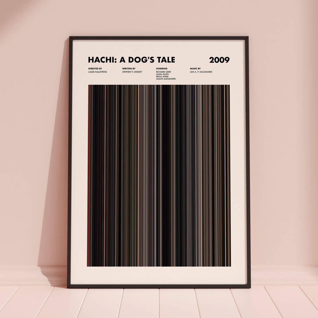 Hachi: A Dog's Tale Movie Barcode Poster framed and leaning against a coloured wall