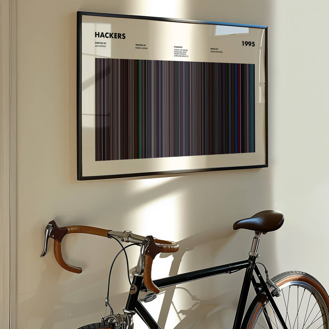 Hackers Movie Barcode Poster framed on the wall of a styled room setting