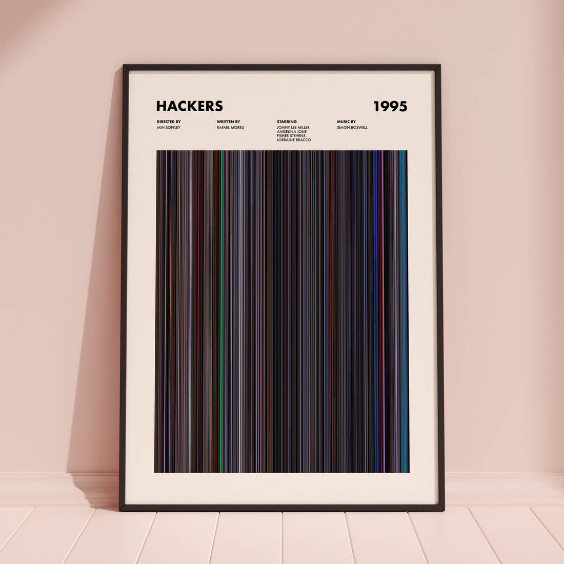 Hackers Movie Barcode Poster framed and leaning against a coloured wall