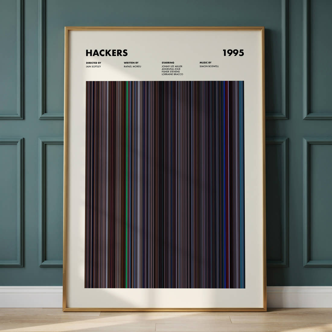 Hackers Movie Barcode Poster framed and leaning against a panelled wall