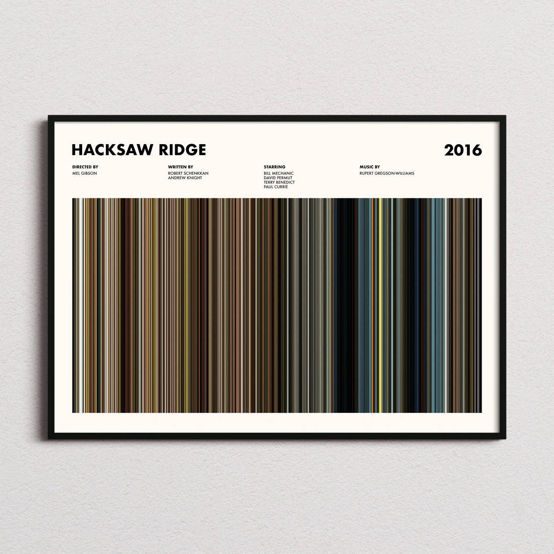 Hacksaw Ridge Movie Barcode Poster framed and photographed straight on
