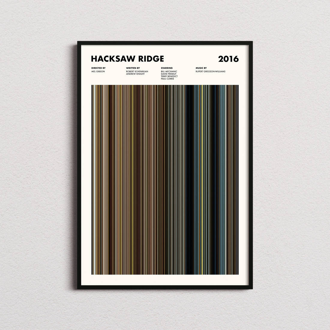 Hacksaw Ridge Movie Barcode Poster framed on a plain studio wall