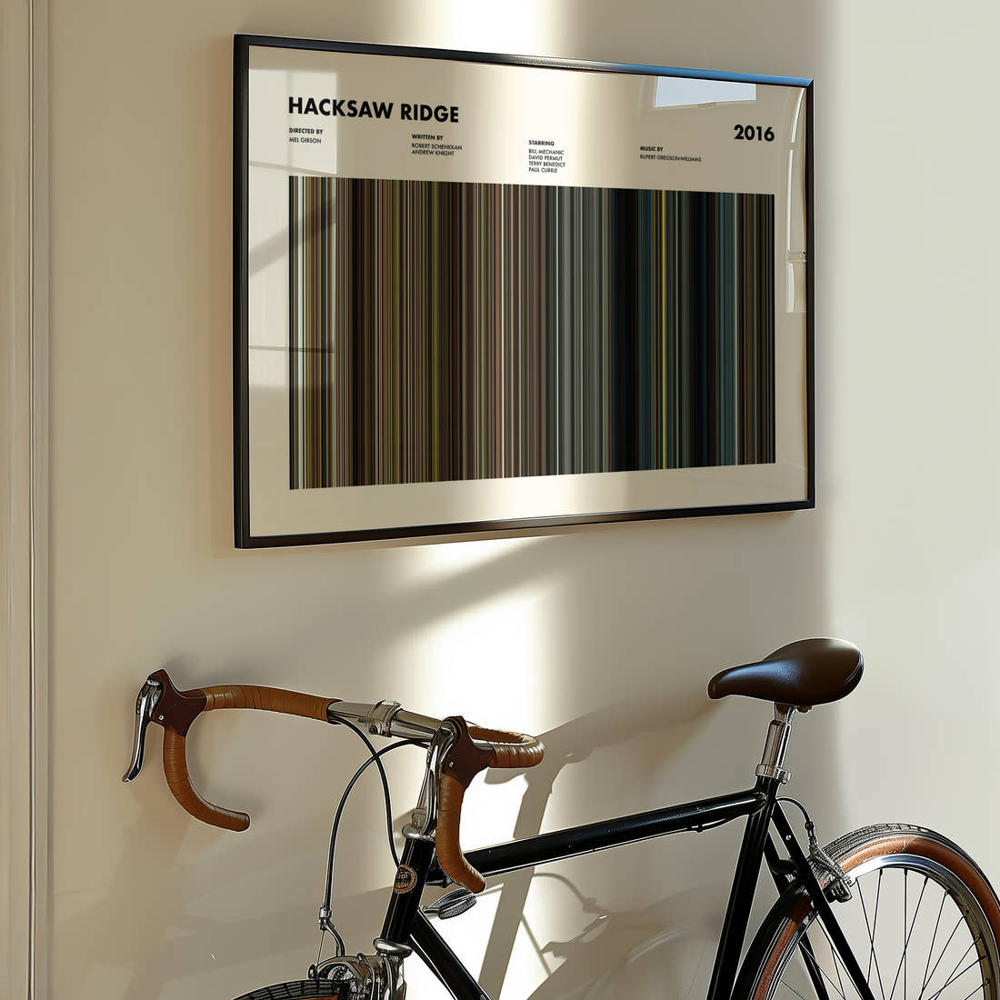 Hacksaw Ridge Movie Barcode Poster framed on the wall of a styled room setting