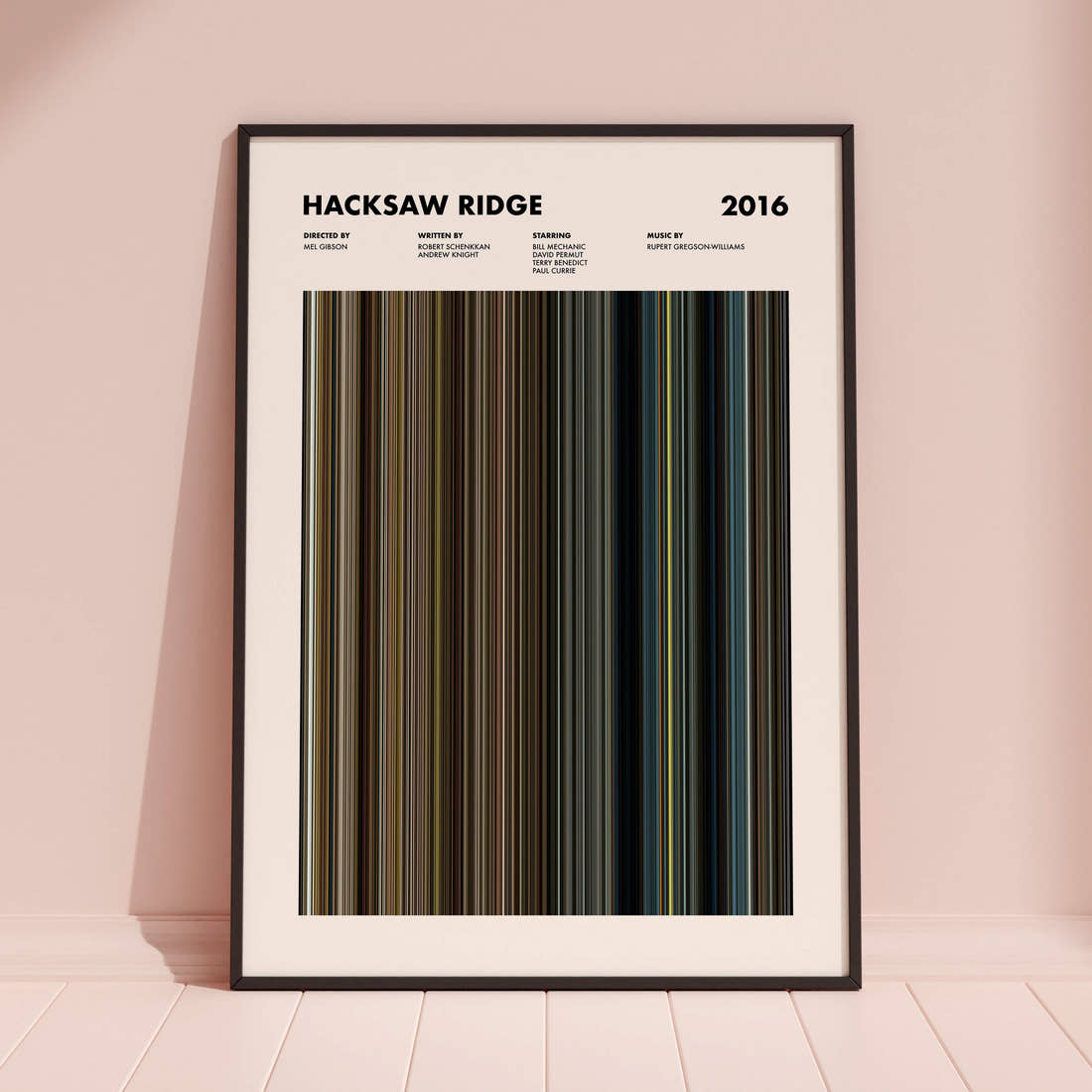 Hacksaw Ridge Movie Barcode Poster framed and leaning against a coloured wall