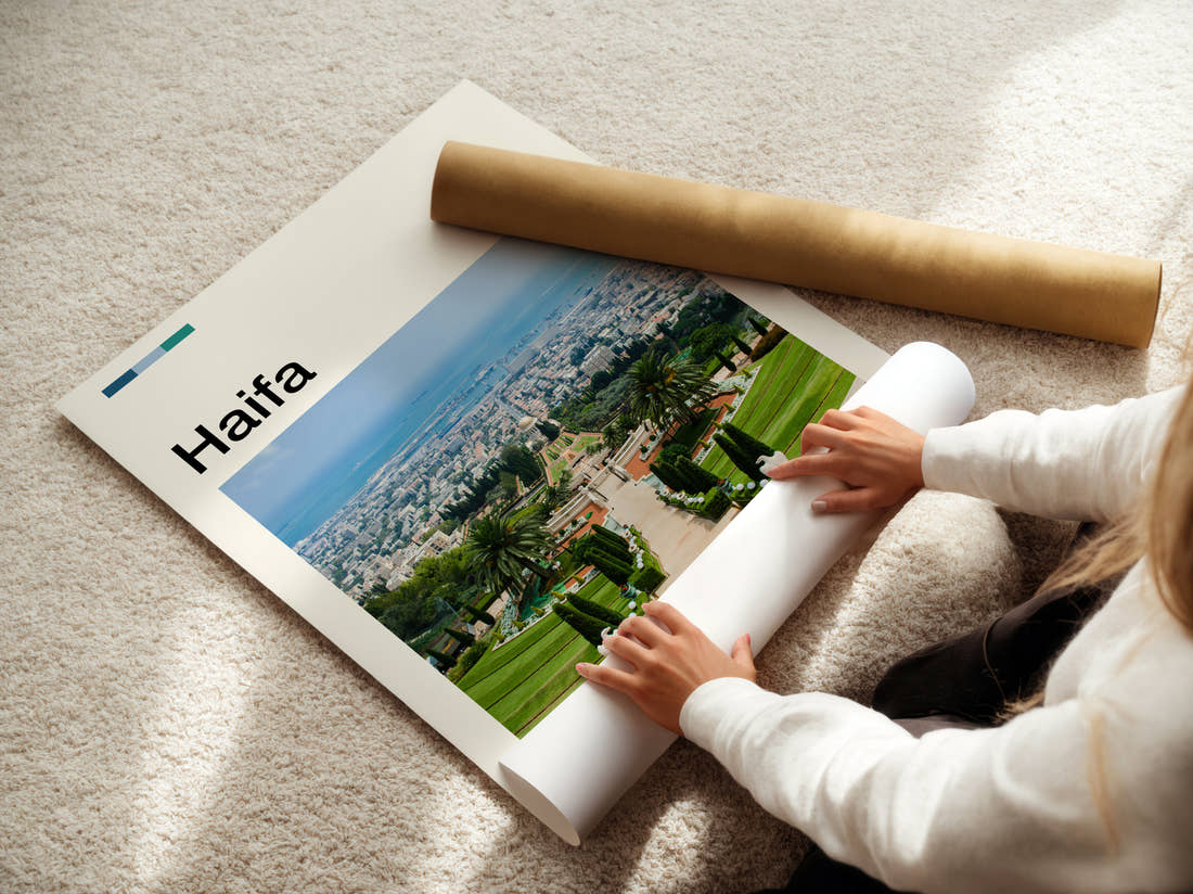 Haifa Terraced Gardens Travel Print being unrolled from its postal tube