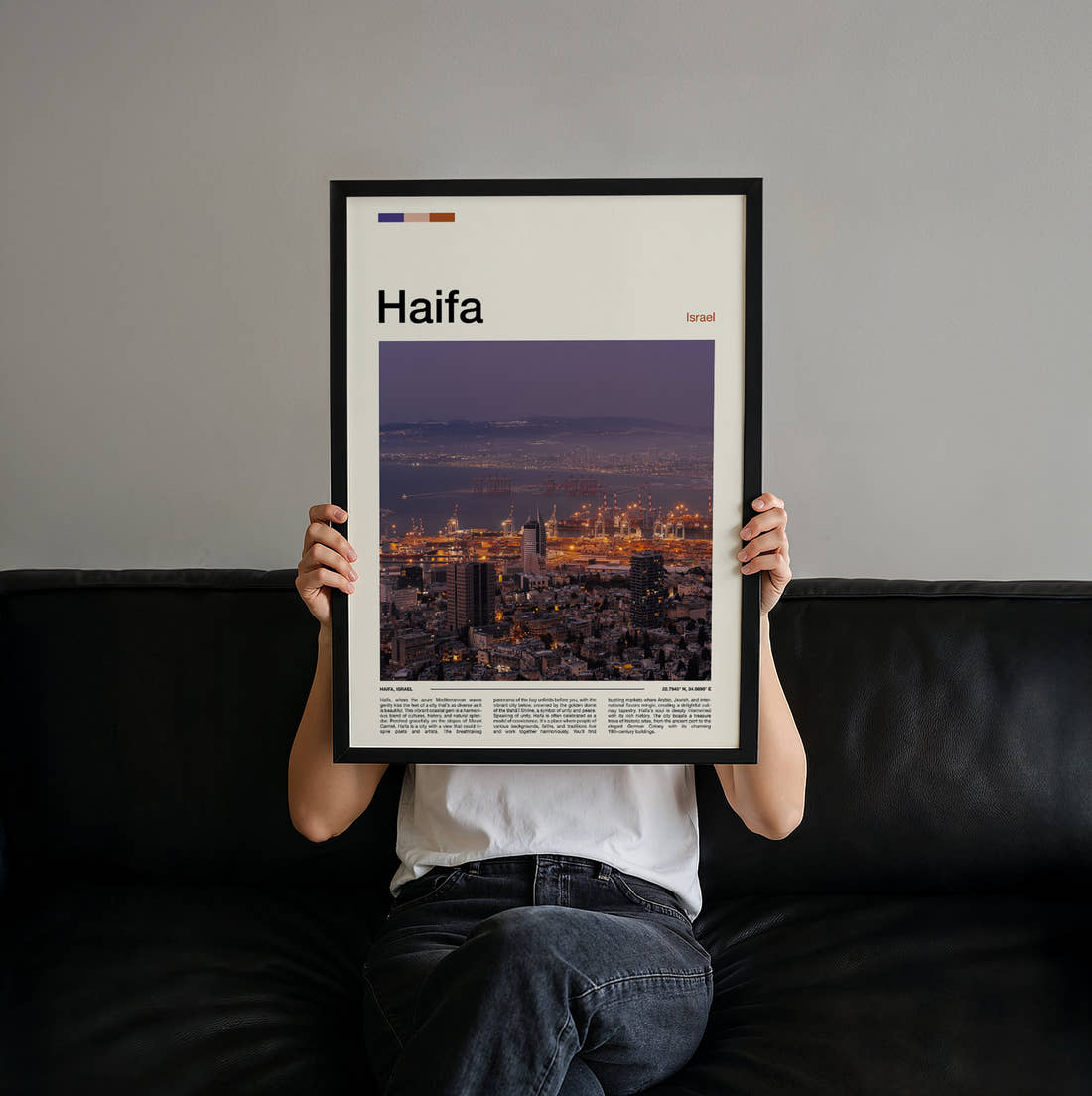 Haifa Purple Sky Over The City Travel Print held up by hand to show the size of the print