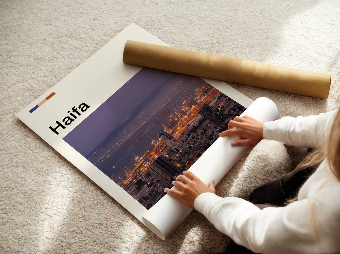 Haifa Purple Sky Over The City Travel Print being unrolled from its postal tube