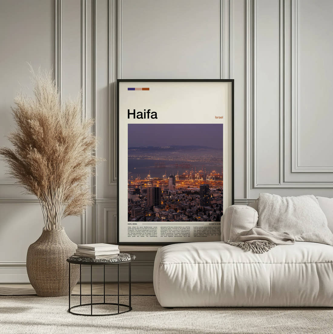 Haifa Purple Sky Over The City Travel Print framed on the wall of a calm, neutral bedroom