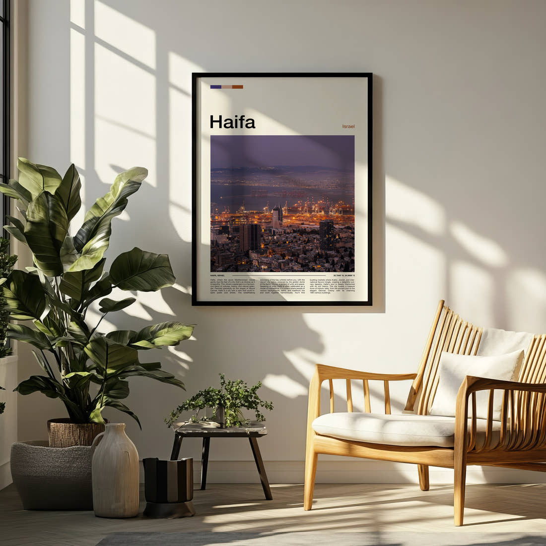 Haifa Purple Sky Over The City Travel Print framed on a pale wall beside houseplants