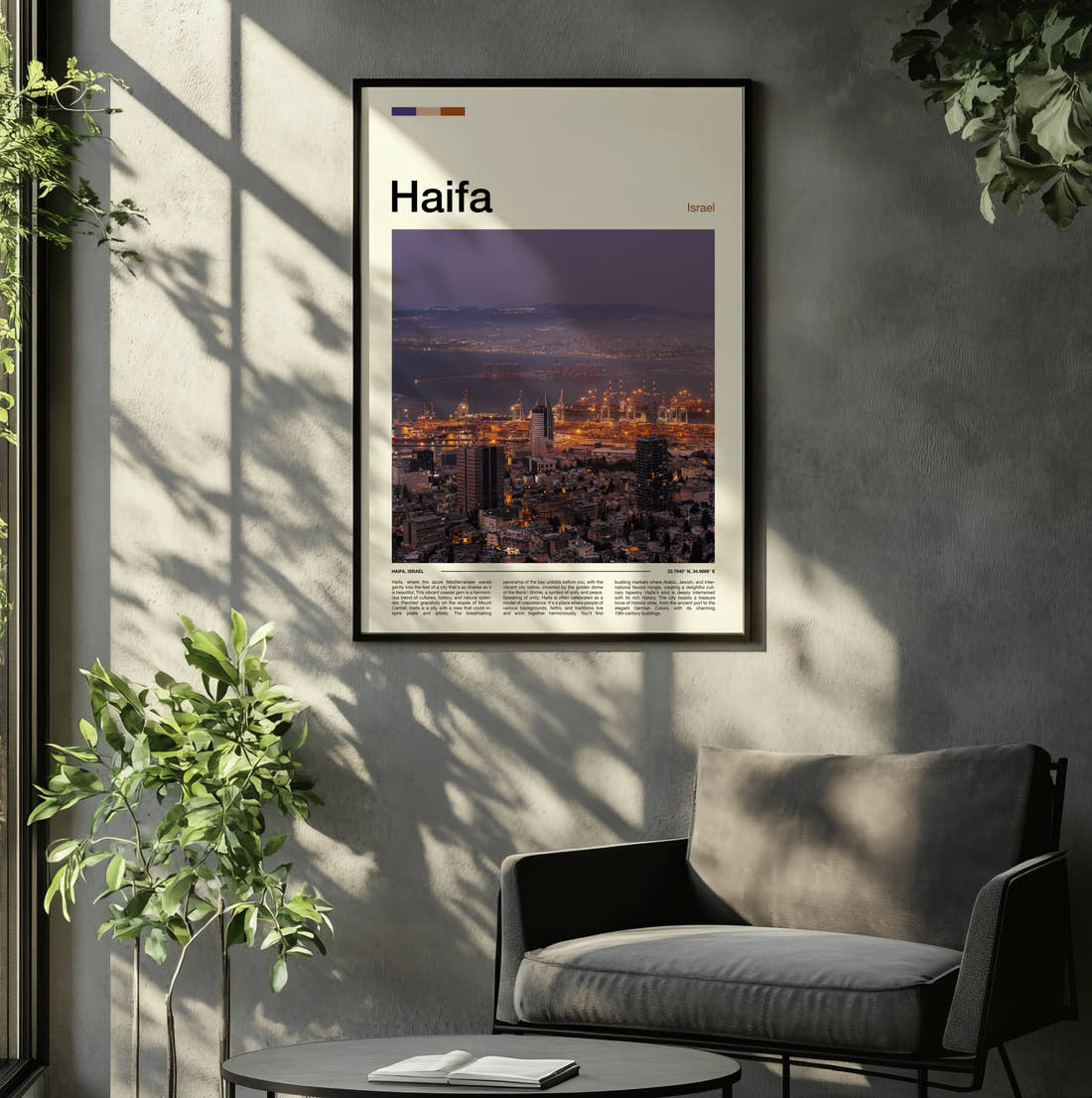 Haifa Purple Sky Over The City Travel Print framed on the wall of a relaxed living room