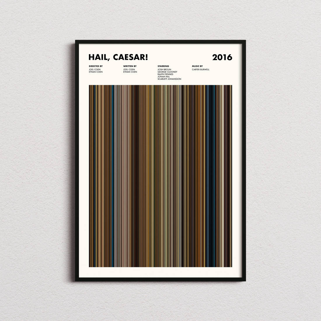 Hail, Caesar! Movie Barcode Poster framed on a plain studio wall