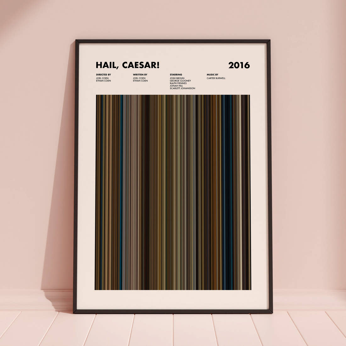 Hail, Caesar! Movie Barcode Poster framed and leaning against a coloured wall