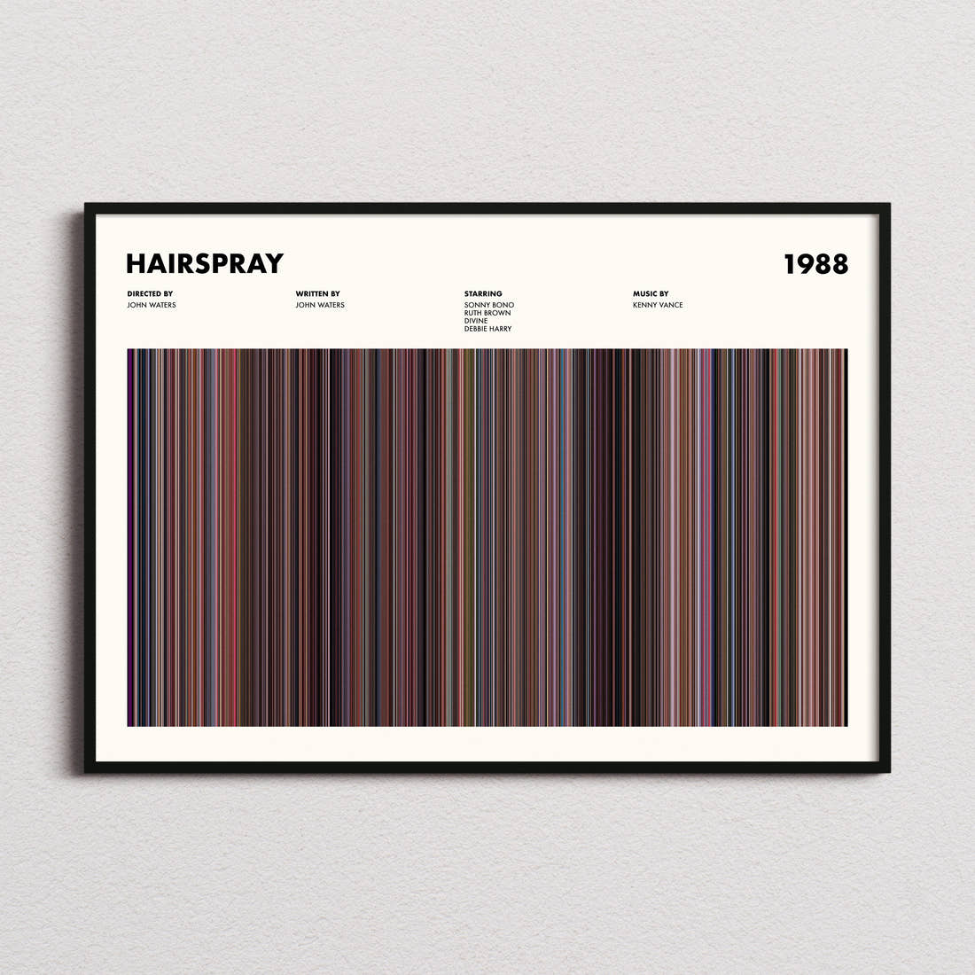 Hairspray 1988 Movie Barcode Poster framed and photographed straight on