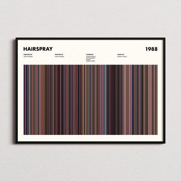 Hairspray 1988 Movie Barcode Poster framed and photographed straight on