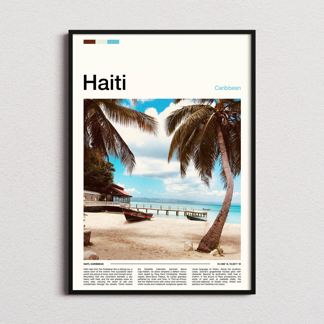 Haiti Palm-Fringed Beach Pier Travel Print framed and photographed straight on