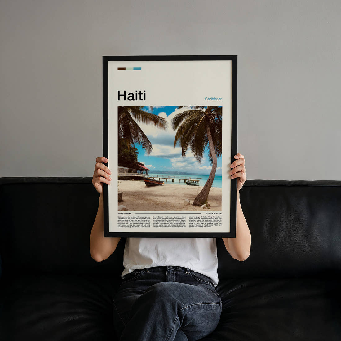 Haiti Palm-Fringed Beach Pier Travel Print held up by hand to show the size of the print