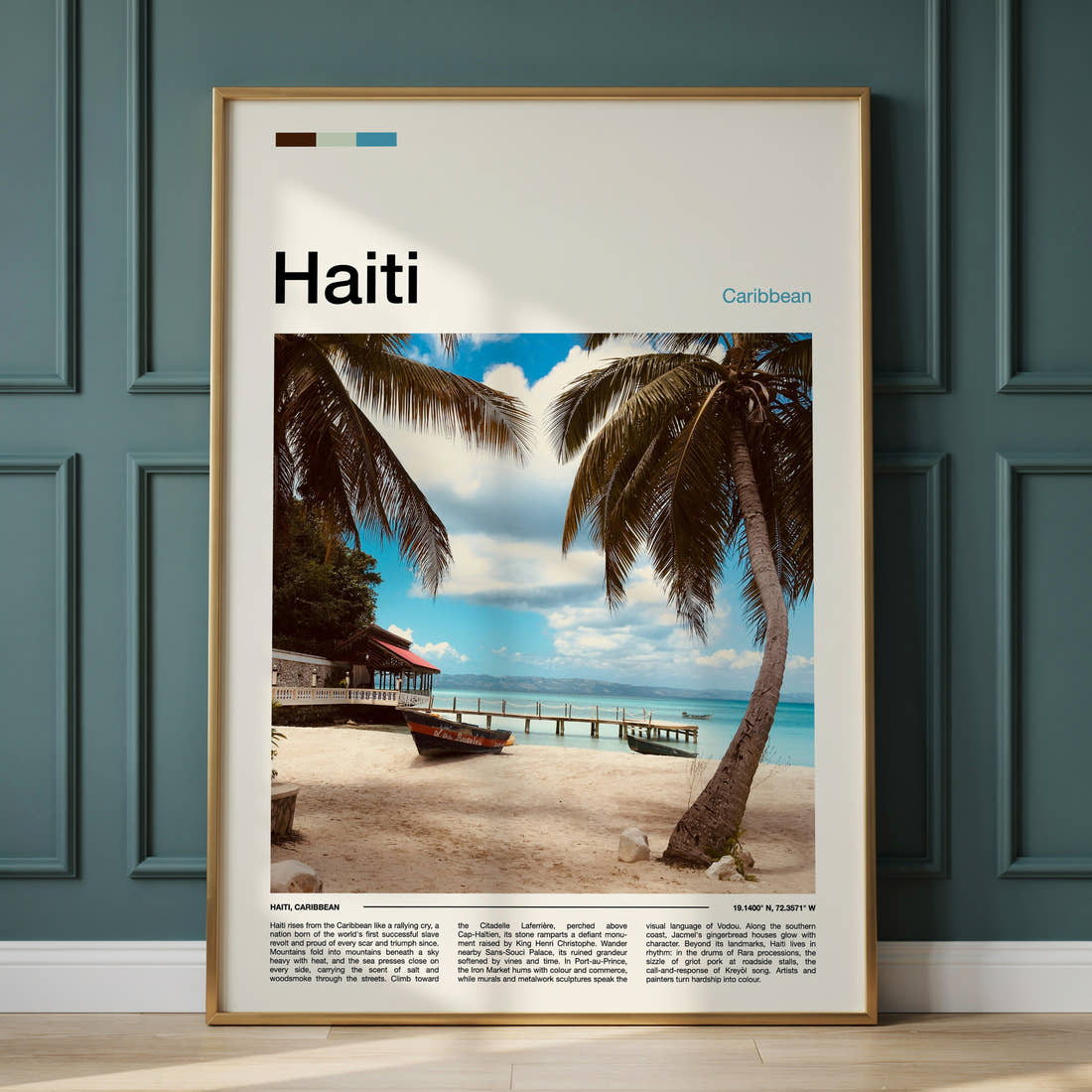 Haiti Palm-Fringed Beach Pier Travel Print framed on the wall of a calm, neutral bedroom