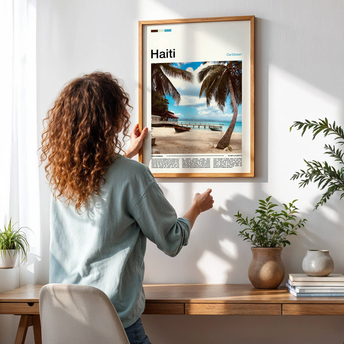 Haiti Palm-Fringed Beach Pier Travel Print framed on a pale wall beside houseplants