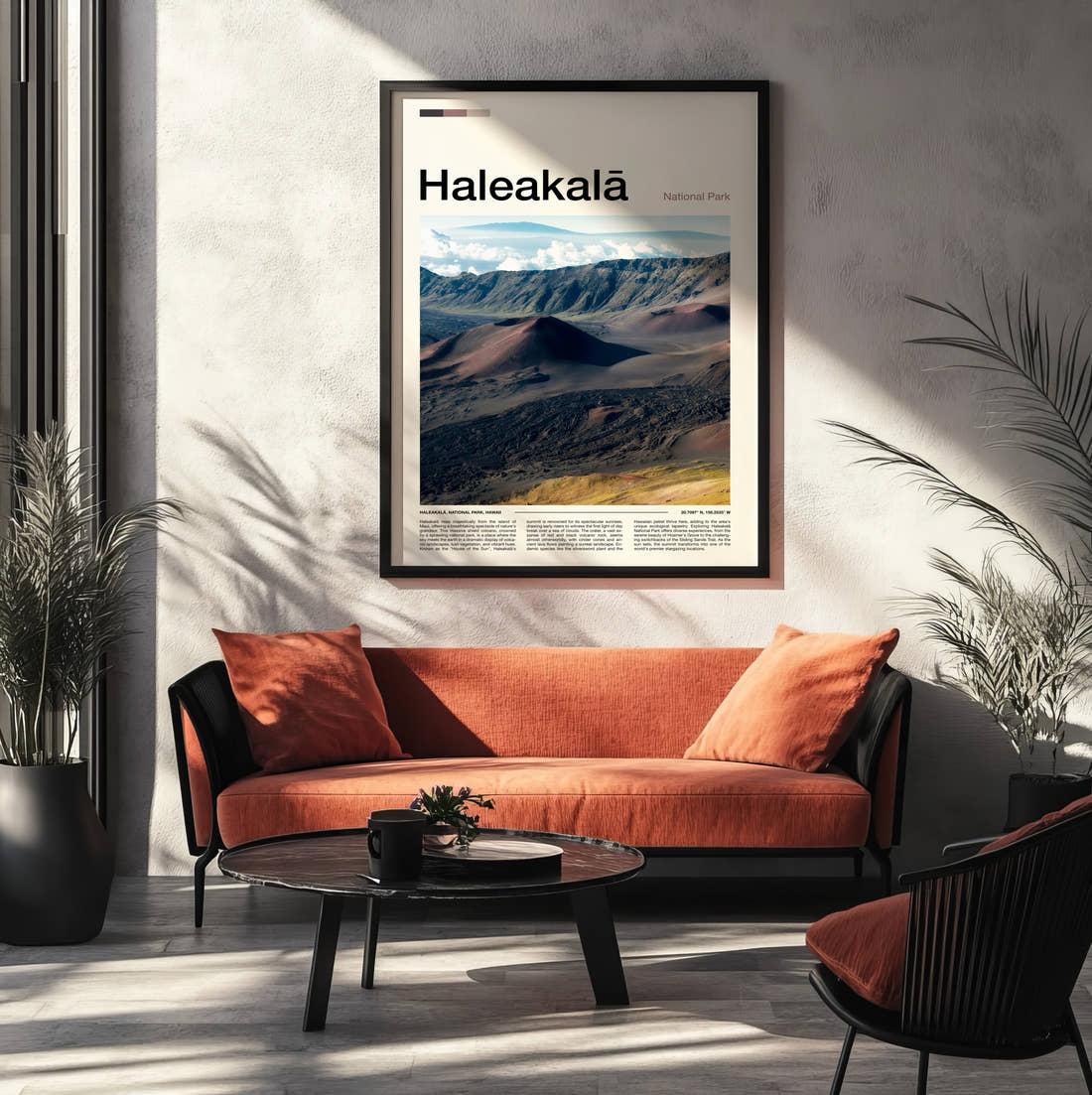 Haleakala Volcanic Crater Travel Print framed on the wall of a modern living room
