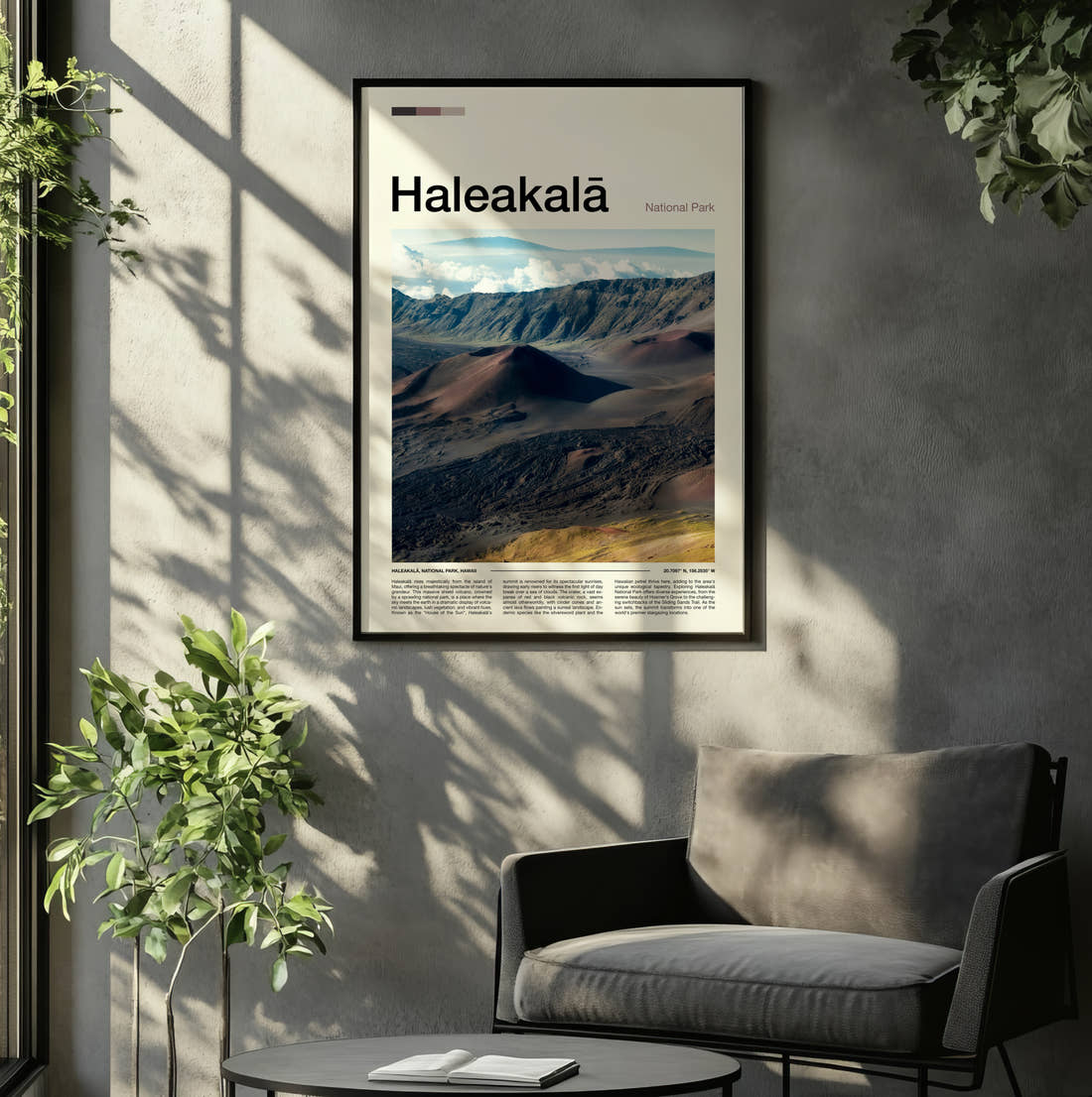 Haleakala Volcanic Crater Travel Print framed on the wall of a relaxed living room