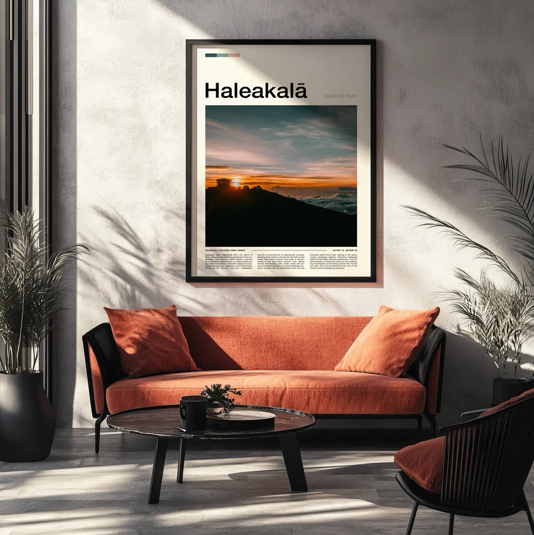 Haleakala Sunrise Above The Clouds Travel Print framed on the wall of a modern living room
