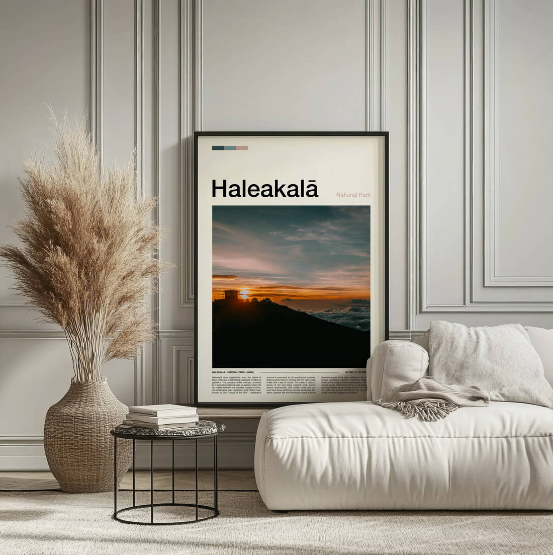 Haleakala Sunrise Above The Clouds Travel Print framed on the wall of a calm, neutral bedroom