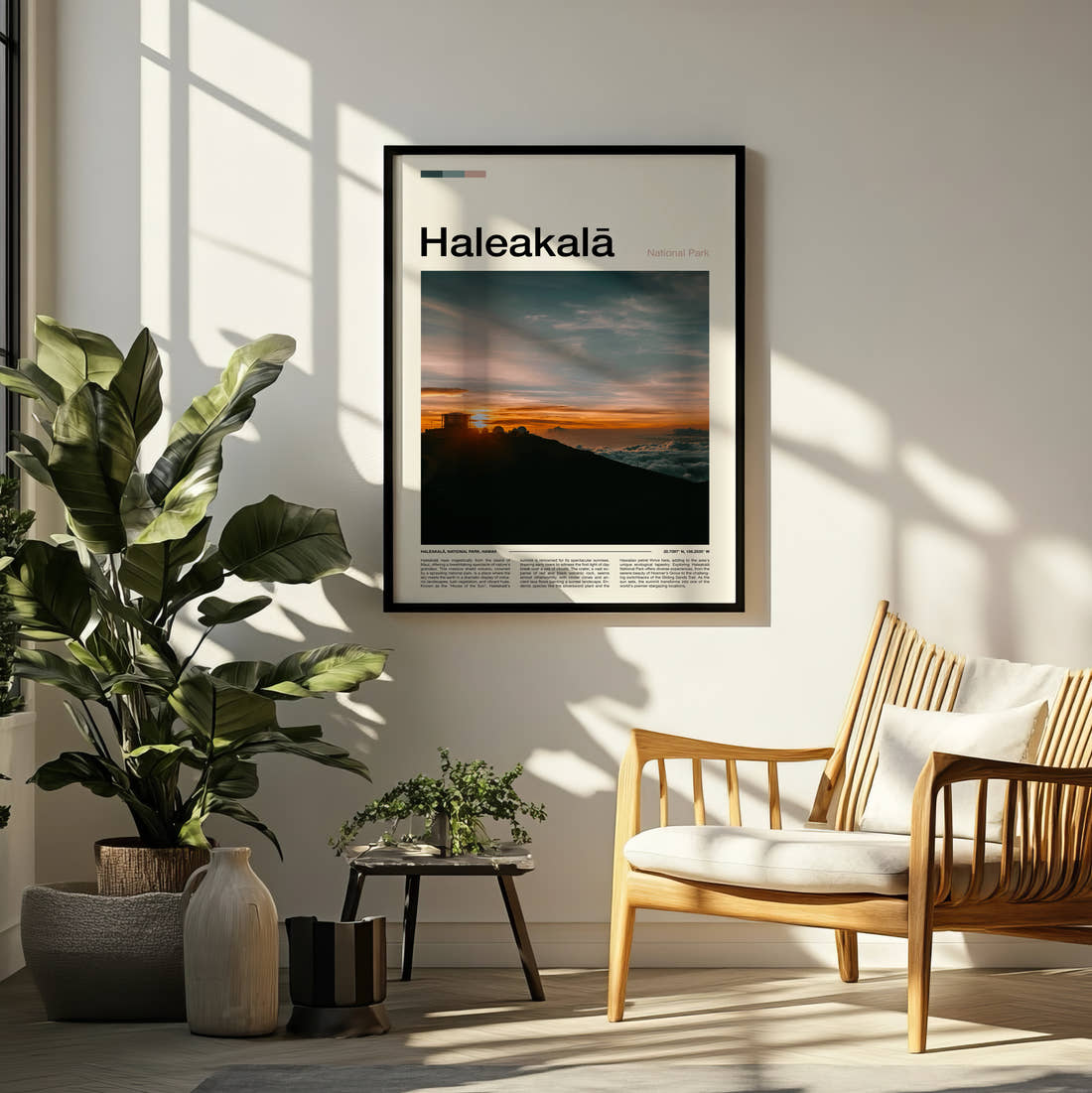 Haleakala Sunrise Above The Clouds Travel Print framed on a pale wall beside houseplants