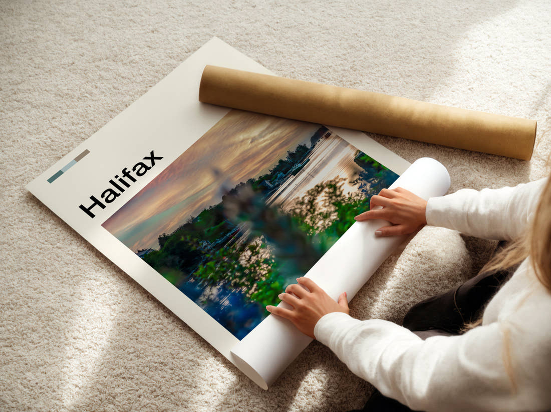 Halifax Travel Print being unrolled from its postal tube