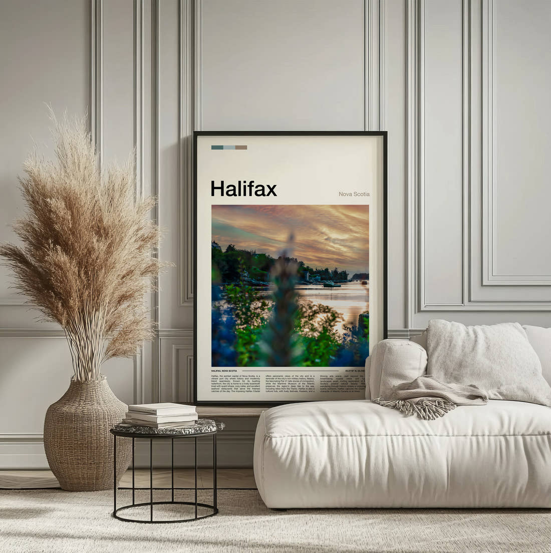 Halifax Travel Print framed on the wall of a calm, neutral bedroom