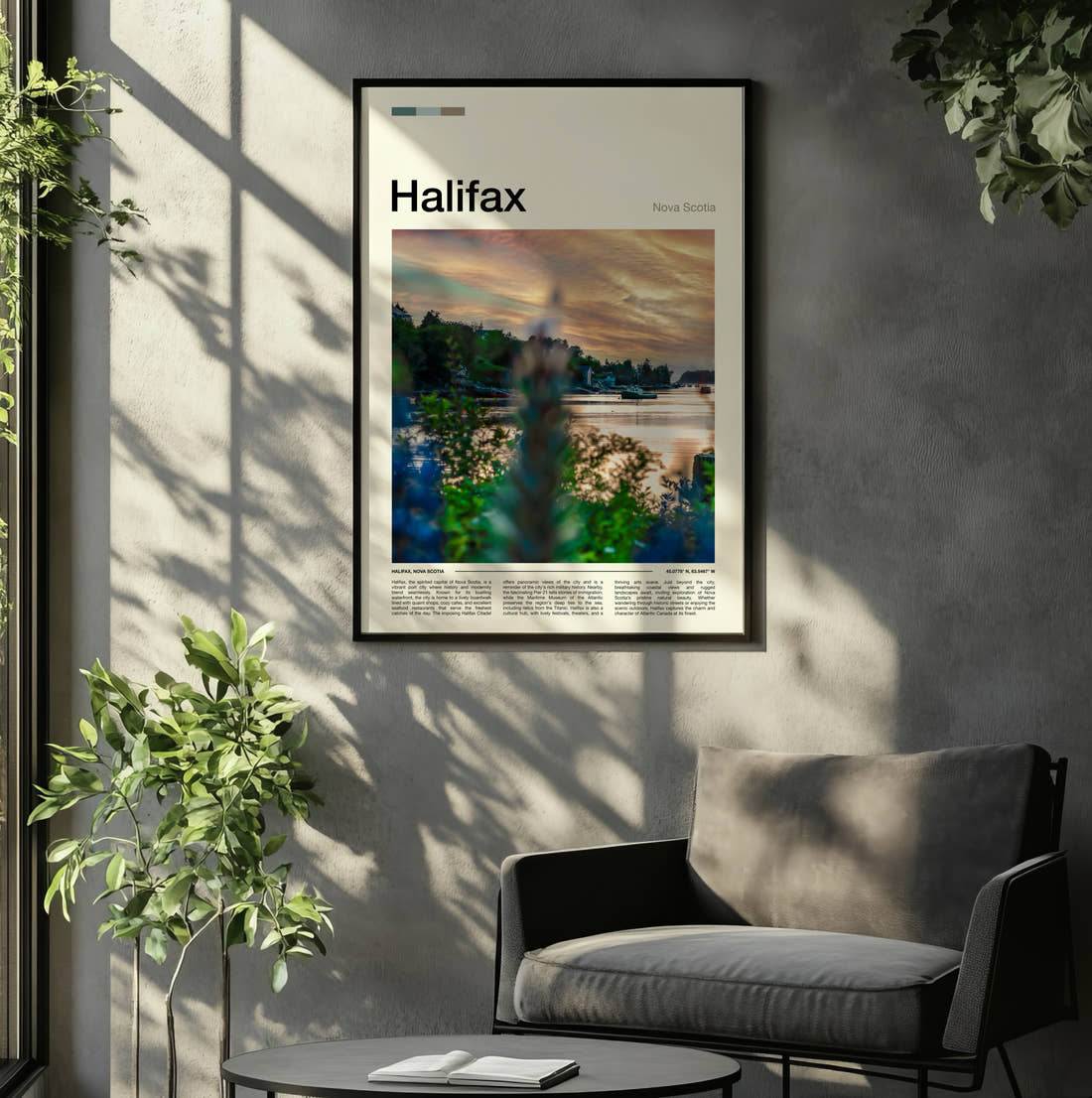 Halifax Travel Print framed on the wall of a relaxed living room